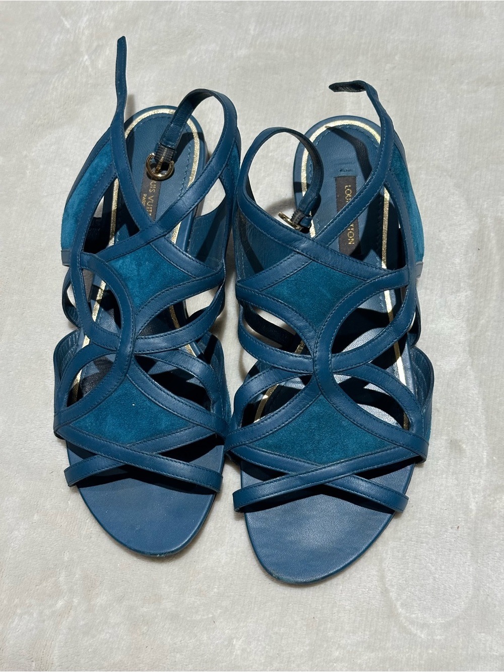 Louis Vuitton Teal Strappy Suede & Leather Sandals